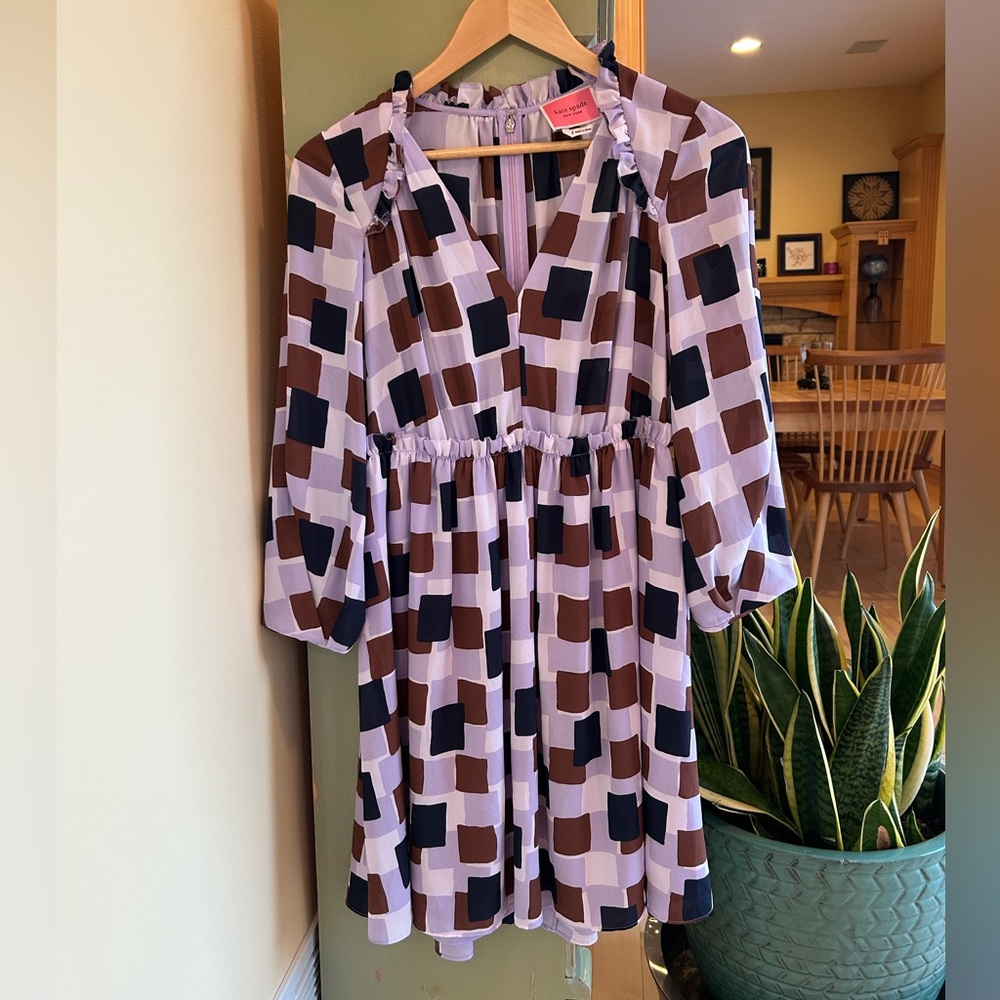 KATE SPADE NEW YORK Women’s Mini Dress Geo Squares Purple/Brown/Navy Size 2 - Picture 2 of 16